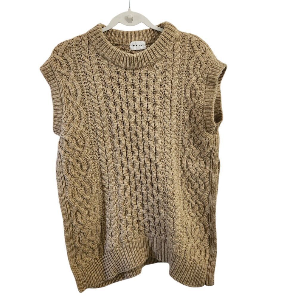 FRAY I.D Sweater Vest‎ Womens Medium Beige Wool Blend Cable Knit Crew Neck